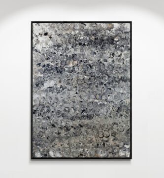 Close-up view of Argent, a unique abstract art canvas featuring stunning silver and gray metallic designs