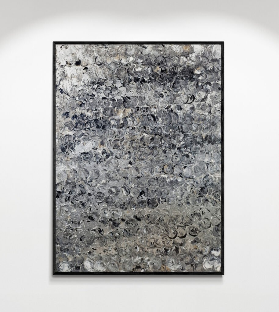 Close-up view of Argent, a unique abstract art canvas featuring stunning silver and gray metallic designs