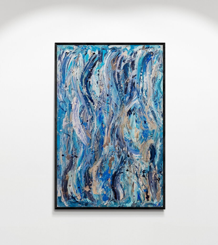 Atlantis abstract painting in shades of blue and beige with flowing wave-like strokes, showcased in a bright gallery setting