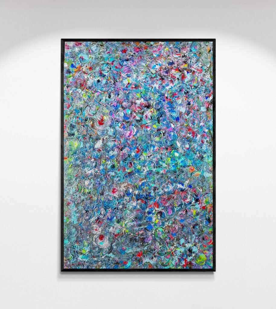 Balk colorful abstract painting with vibrant textures and a mix of blue, green, and pink hues, displayed in a modern gallery