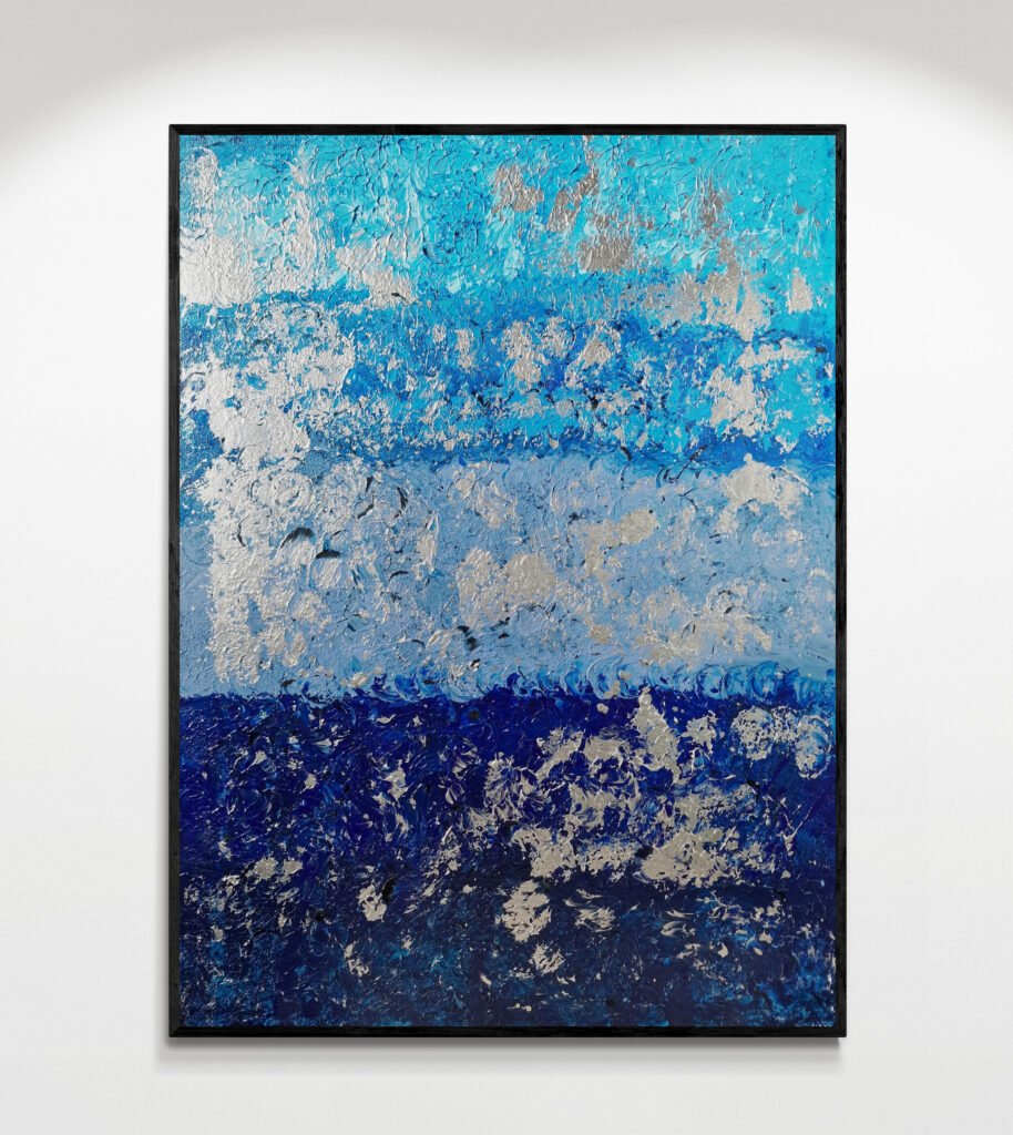 Blur abstract artwork with gradients of blue and silver textures, inspired by ocean waves, mounted on a clean gallery wall