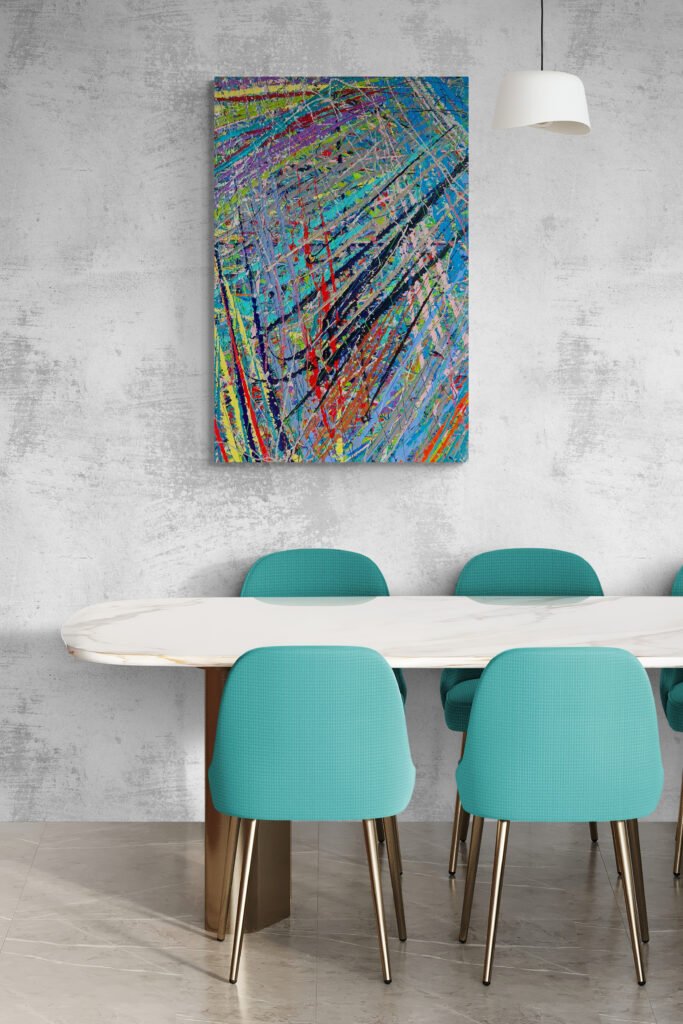 Storm vibrant and colorful abstract canvas, adorning a dining room with a marble table and turquoise chairs