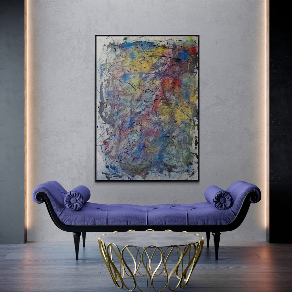 Mirok abstract canvas featuring dynamic Pollock-style colors, paired with a purple chaise lounge and gold-accented coffee table in a sophisticated space