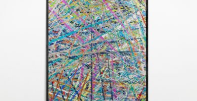 Close-up of 'Free,' a vibrant abstract canvas inspired by Jackson Pollock, featuring energetic splashes and intersecting lines of color