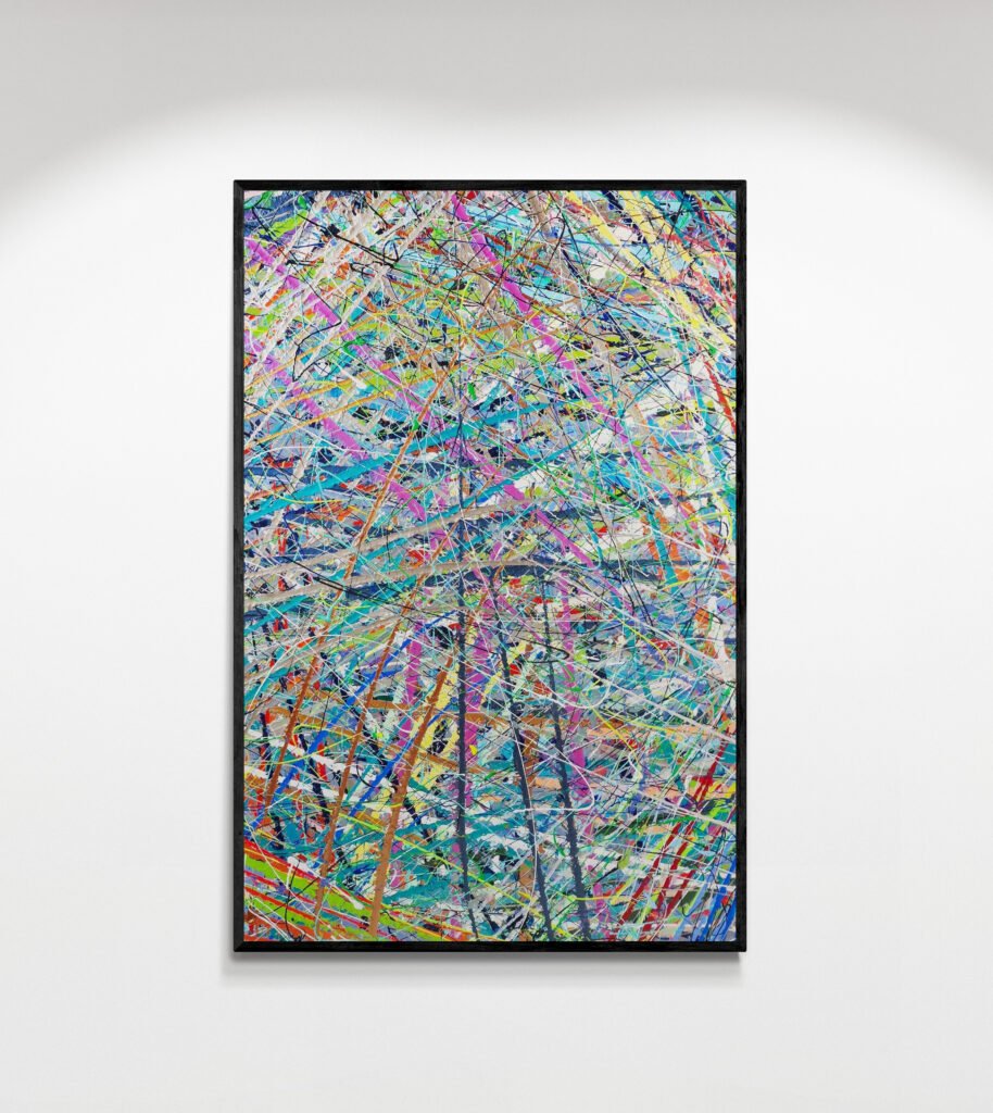 Free vibrant abstract painting Jackson Pollock Inspired with intersecting multicolored lines, evoking a dynamic and energetic composition, displayed in a modern gallery