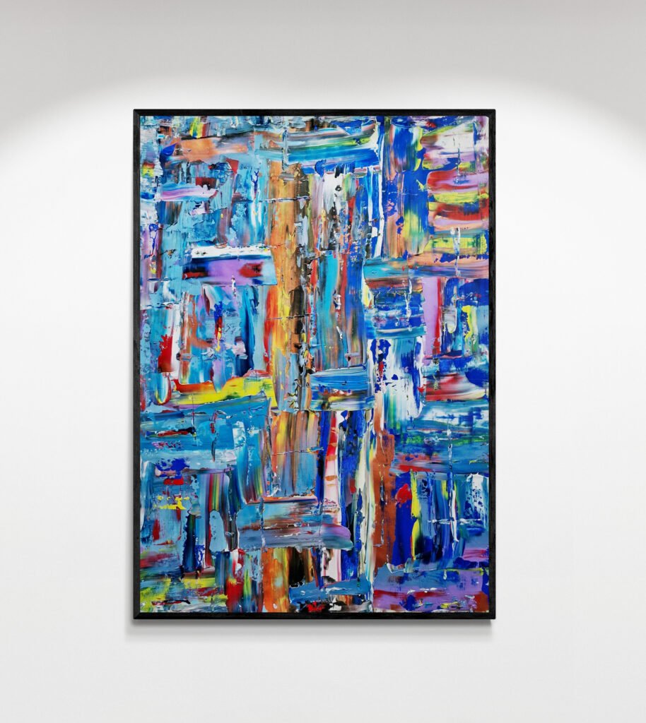 Artwork on Display (Standalone): "Kaled: A unique abstract painting showcasing vibrant multicolored layers and intricate palette knife strokes, framed and illuminated on a gallery wall