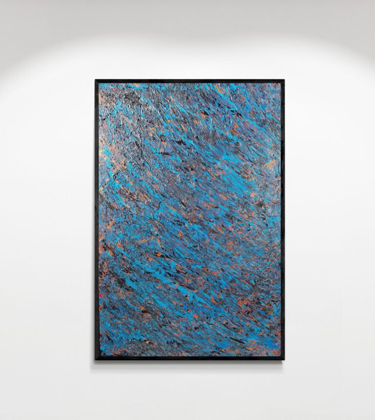 Kobalter: One-of-a-Kind Abstract Painting with rich cobalt blue, black, and copper hues displayed on a minimal white wall
