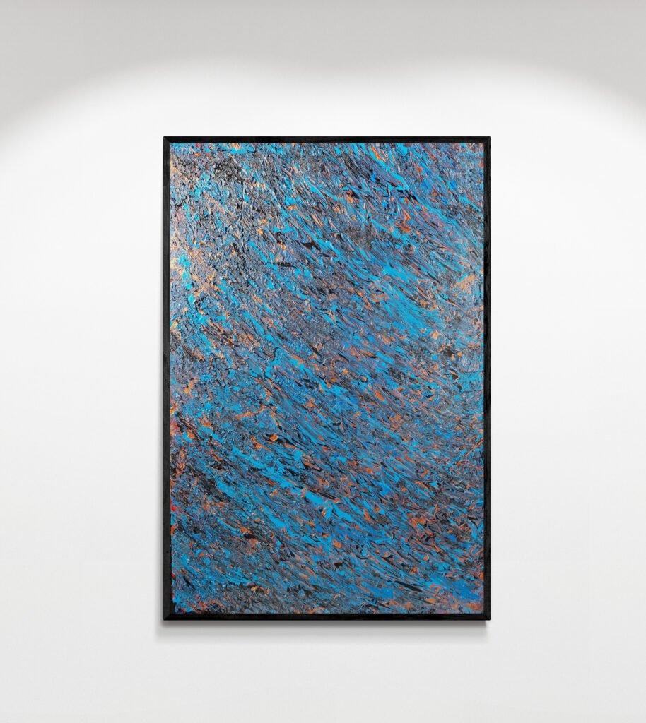 Kobalter: One-of-a-Kind Abstract Painting with rich cobalt blue, black, and copper hues displayed on a minimal white wall