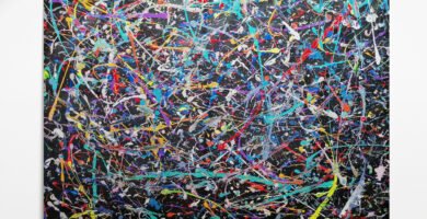 Kolornight Pollock-style abstract painting with vibrant colors on a large canvas displayed on a minimalist white wall