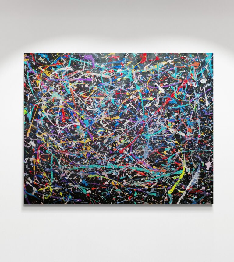 Kolornight Pollock-style abstract painting with vibrant colors on a large canvas displayed on a minimalist white wall