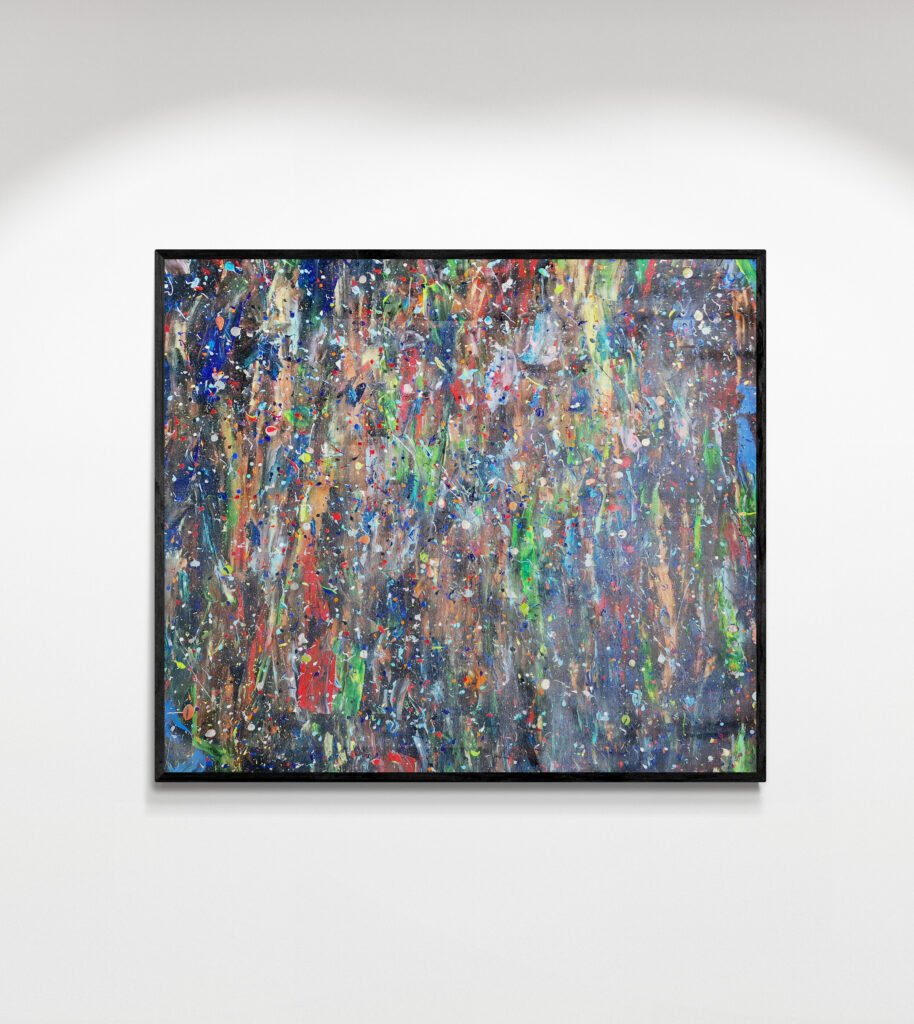 Krain - Jackson Pollock-style abstract painting with vivid colors and metallic accents displayed on a white gallery wall, highlighting its dynamic splashes and layered textures