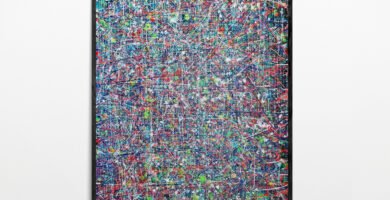Kross artwork displayed in a modern gallery setting, showcasing dynamic Pollock-inspired lines and vibrant splashes on canvas