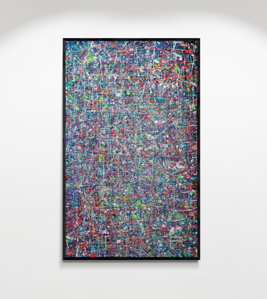 Kross artwork displayed in a modern gallery setting, showcasing dynamic Pollock-inspired lines and vibrant splashes on canvas