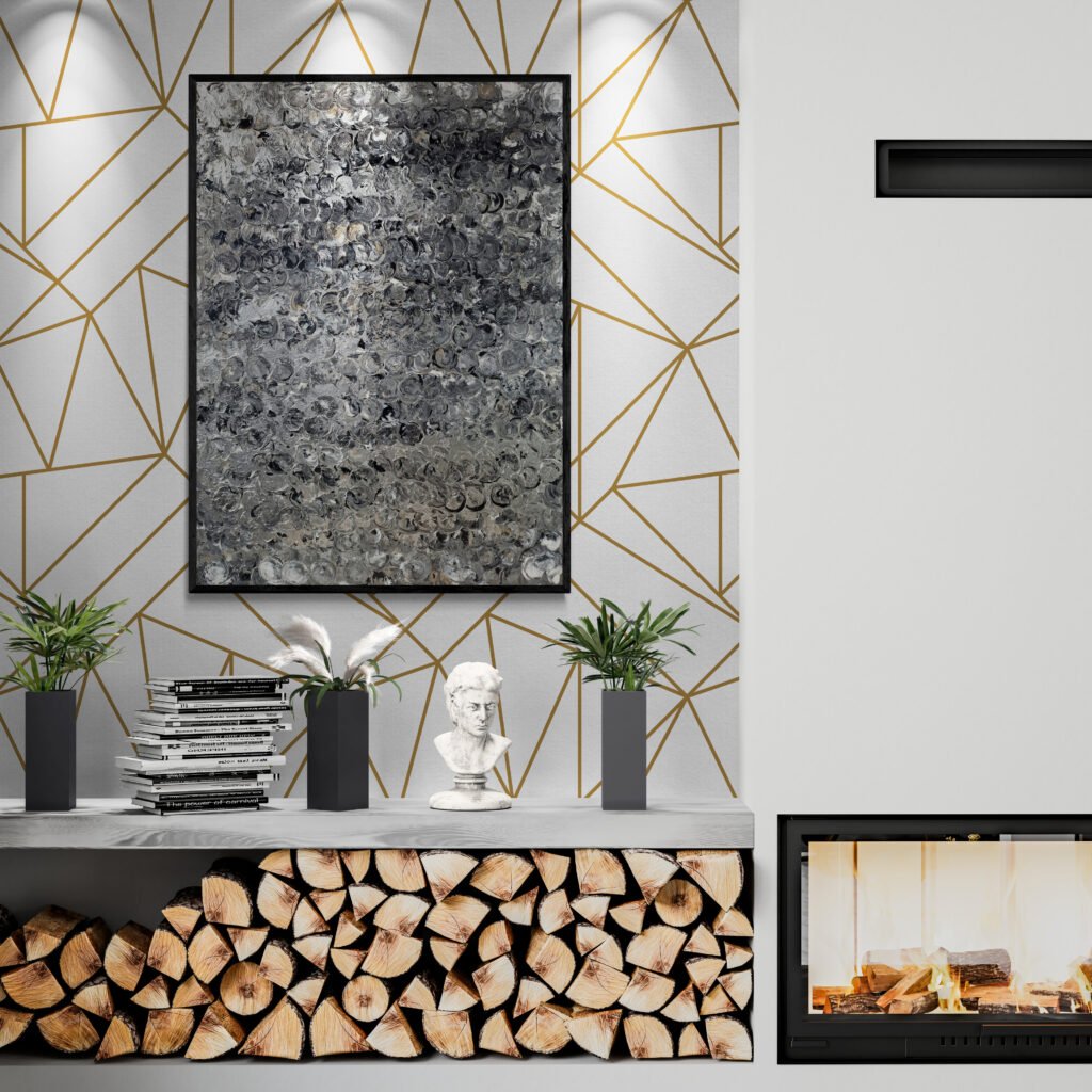 Canvas showcased on a geometric spotlit wall in a modern living room with a fireplace, wood storage, and stylish decorative elements