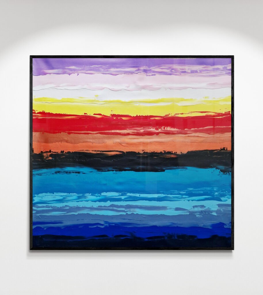 Bright abstract painting with horizontal layers of vibrant colors, inspired by a modern sunset palette