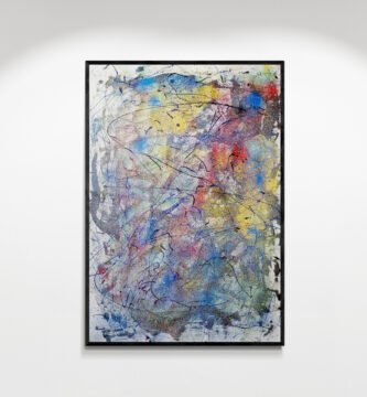 Mirok artwork displayed in a modern art gallery, showcasing vibrant Pollock-style abstract patterns on a light background