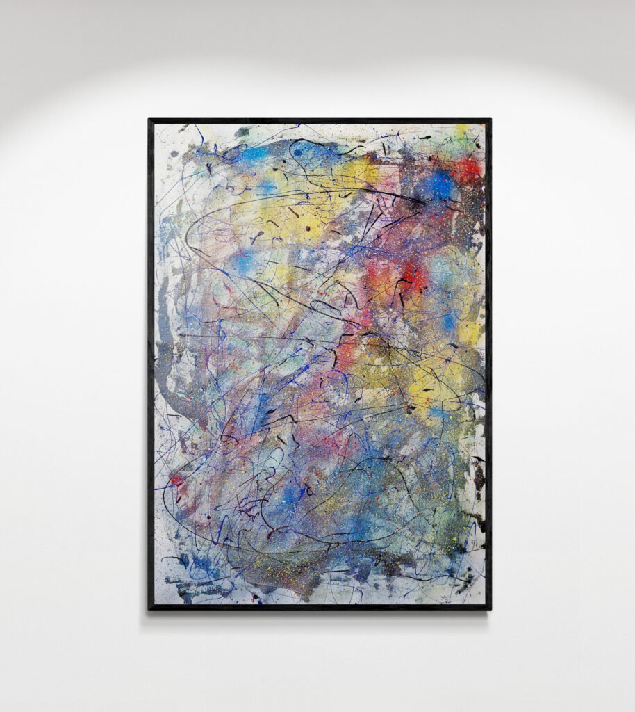 Pastel-toned abstract artwork with colorful splatters and a textured background, adding a playful yet elegant touch