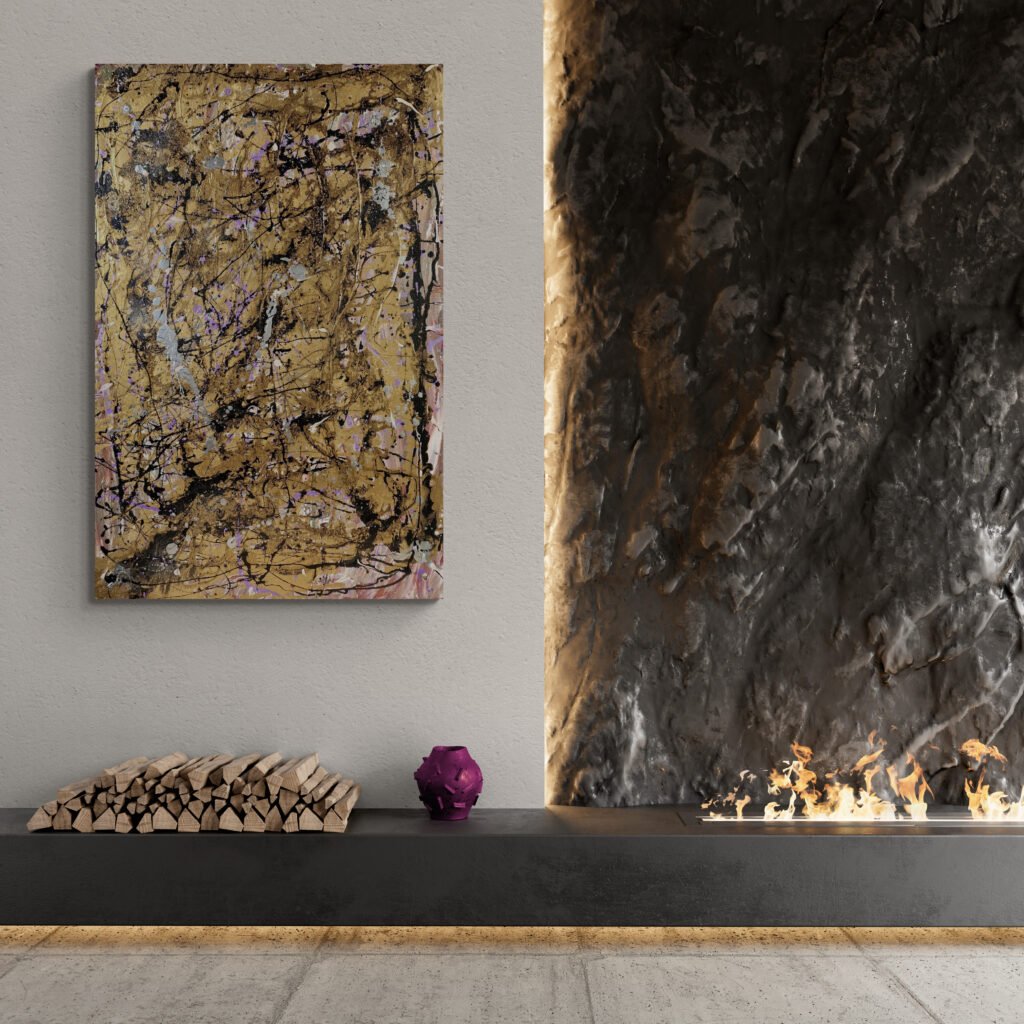 Golden abstract art 'Purplegold' hung above a modern fireplace with natural stone textures, creating a warm and stylish ambiance