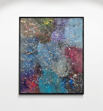 Nebula: Jackson Pollock Style Multicolor Abstract Canvas displayed on a gallery wall with soft spotlight illumination