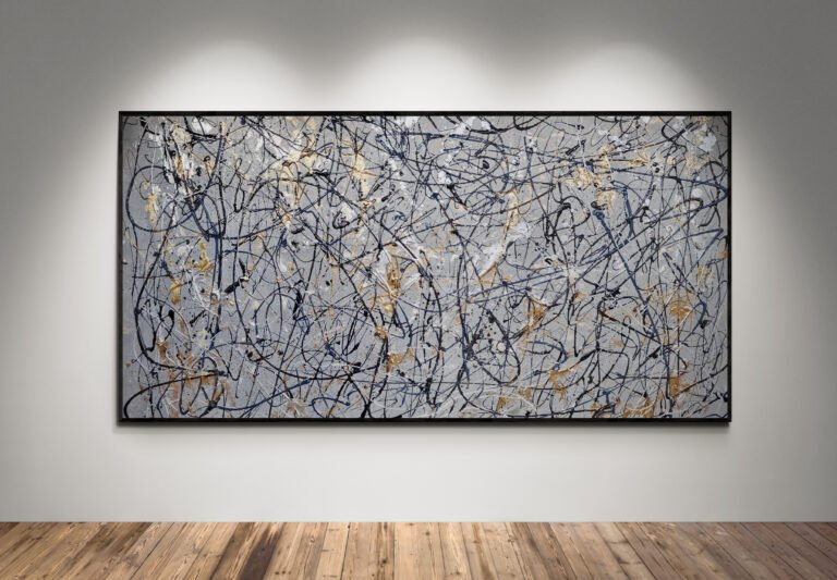 Abstract artwork in Jackson Pollock style with silver, gold, and gray tones on a large canvas, perfect for modern decor.