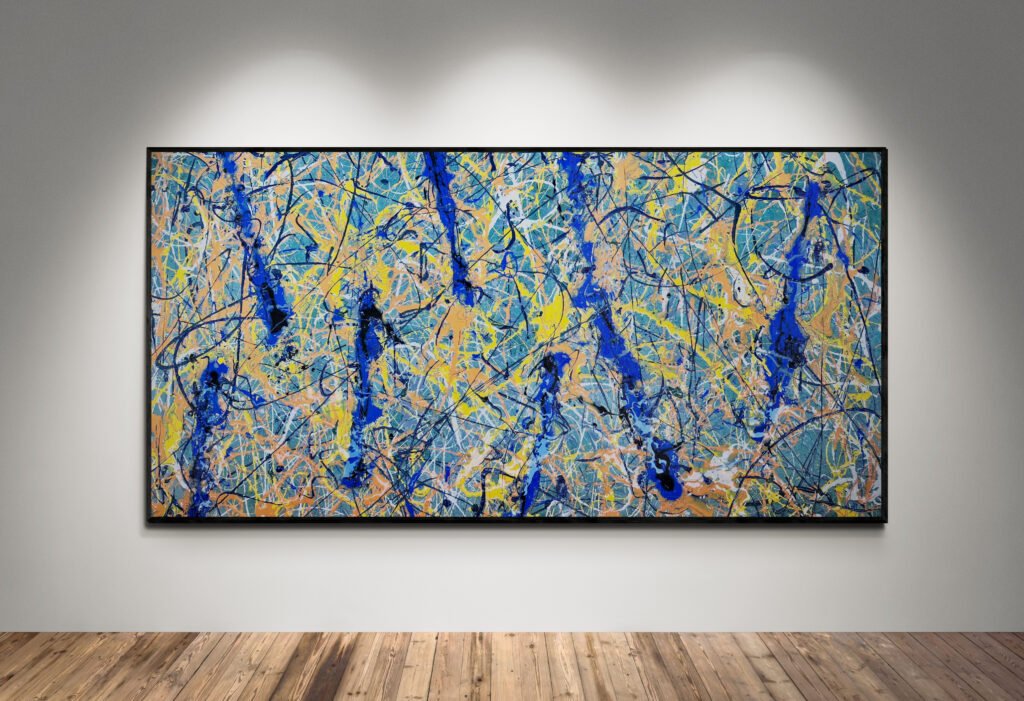 Abstract drip painting titled 'Number 11' displayed in a modern gallery setting, featuring dynamic splashes of blue, yellow, and green over a vibrant backdrop