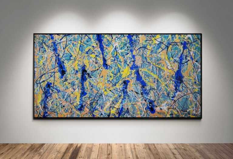 Abstract drip painting titled 'Number 11' displayed in a modern gallery setting, featuring dynamic splashes of blue, yellow, and green over a vibrant backdrop