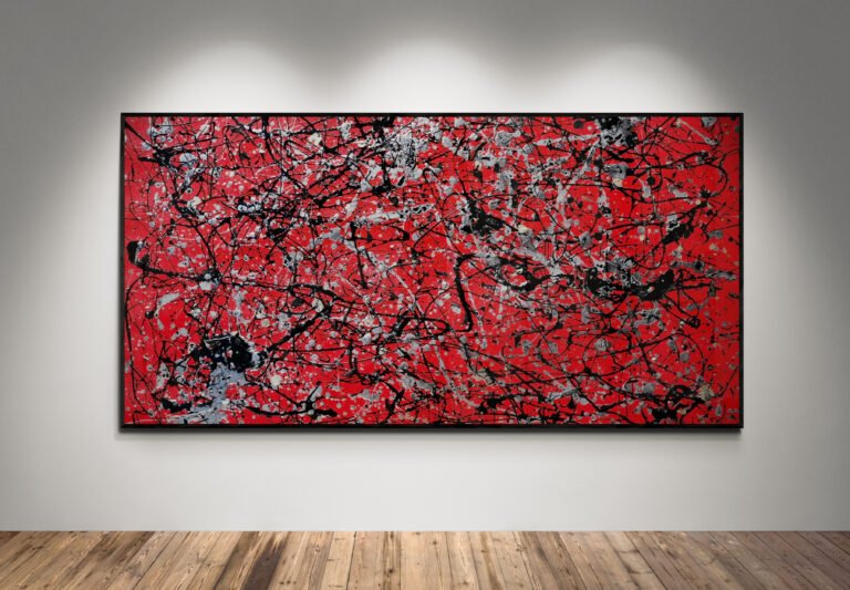 Number 12 Jackson Pollock-style red abstract canvas displayed in a modern gallery setting with bright spotlights and a wooden floor