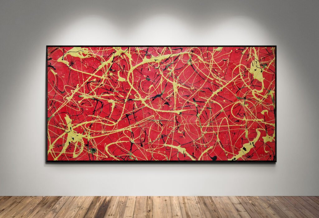 Number 13 – Vibrant Jackson Pollock Style canvas with bold red background and striking yellow and black splashes, perfect for modern interiors