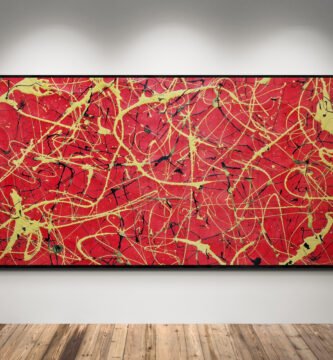 Number 13 – Vibrant Jackson Pollock Style canvas with bold red background and striking yellow and black splashes, perfect for modern interiors