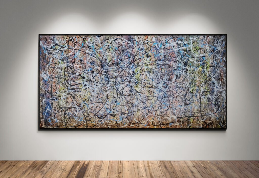 Number 136 - Abstract XXL painting displayed in a modern art gallery setting with wooden flooring and neutral lighting