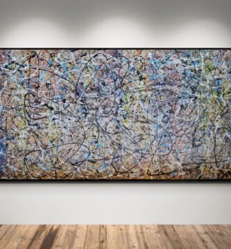 Number 136 - Abstract XXL painting displayed in a modern art gallery setting with wooden flooring and neutral lighting