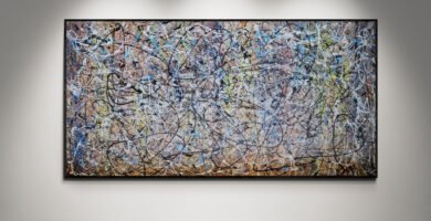 Number 136 - Abstract XXL painting displayed in a modern art gallery setting with wooden flooring and neutral lighting