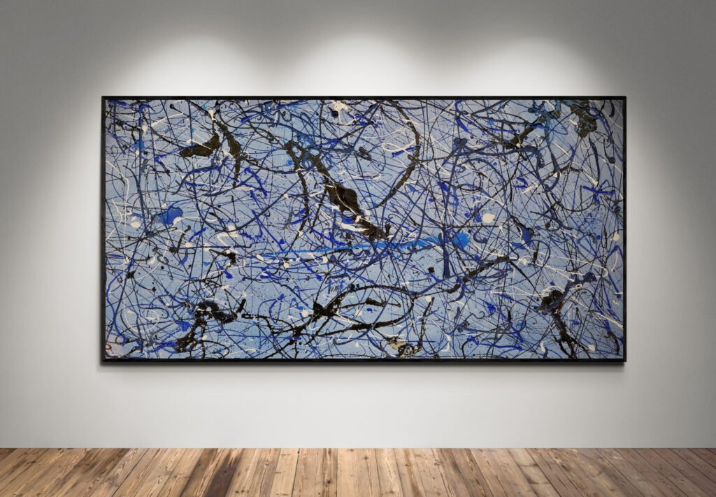 Number 14 – Jackson Pollock-style abstract artwork in blue, white, black, and silver on a blue jeans background, perfect for modern interiors