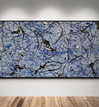 Number 14 – Jackson Pollock-style abstract artwork in blue, white, black, and silver on a blue jeans background, perfect for modern interiors