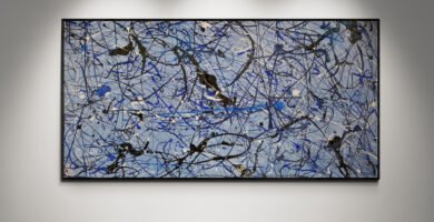 Number 14 – Jackson Pollock-style abstract artwork in blue, white, black, and silver on a blue jeans background, perfect for modern interiors