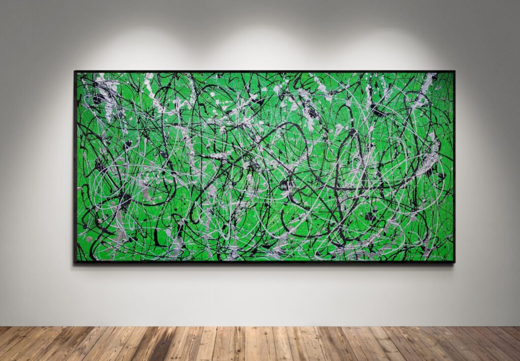 Number 18, Jackson Pollock Style Green Abstract Canvas, displayed in a modern gallery with spotlight illumination