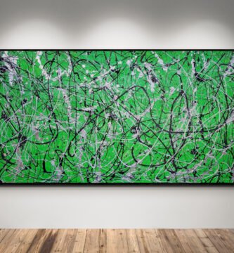 Number 18, Jackson Pollock Style Green Abstract Canvas, displayed in a modern gallery with spotlight illumination
