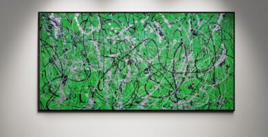 Number 18, Jackson Pollock Style Green Abstract Canvas, displayed in a modern gallery with spotlight illumination