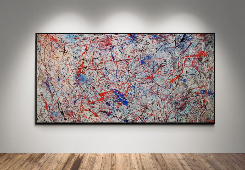 Number 20, Jackson Pollock Inspired Red and Blue Abstract Canvas displayed in a modern gallery with spotlights