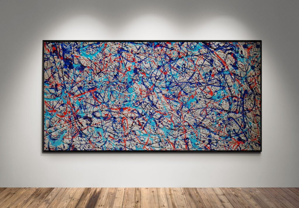 Number 21 – Jackson Pollock Style abstract painting featuring Martini Racing colors with bold strokes of blue, red, and silver on a textured canvas