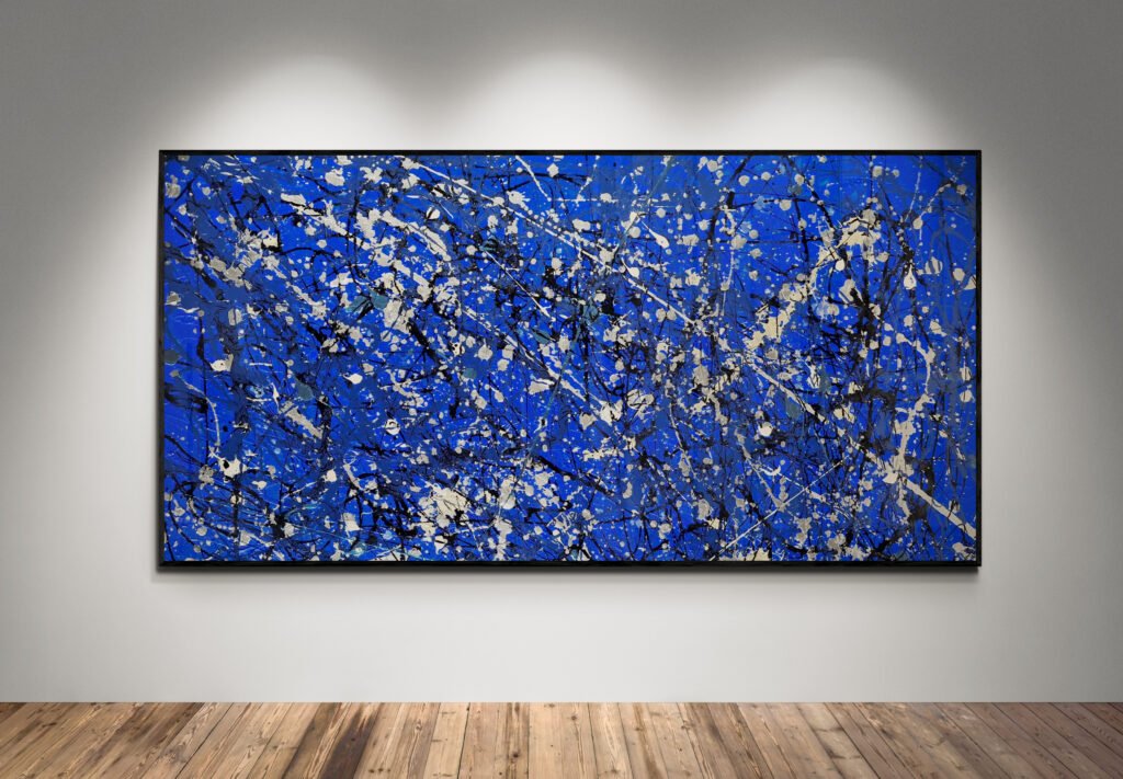 Jackson Pollock Style Blue abstract canvas artwork titled 'Number 25,' featuring bold strokes and splashes of blue, black, and silver