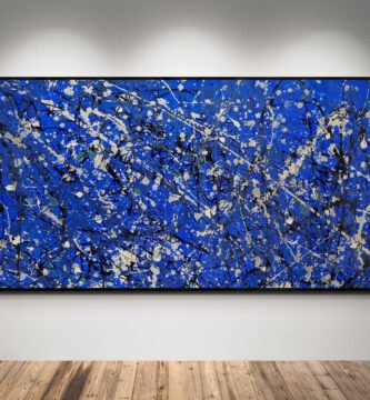 Jackson Pollock Style Blue abstract canvas artwork titled 'Number 25,' featuring bold strokes and splashes of blue, black, and silver