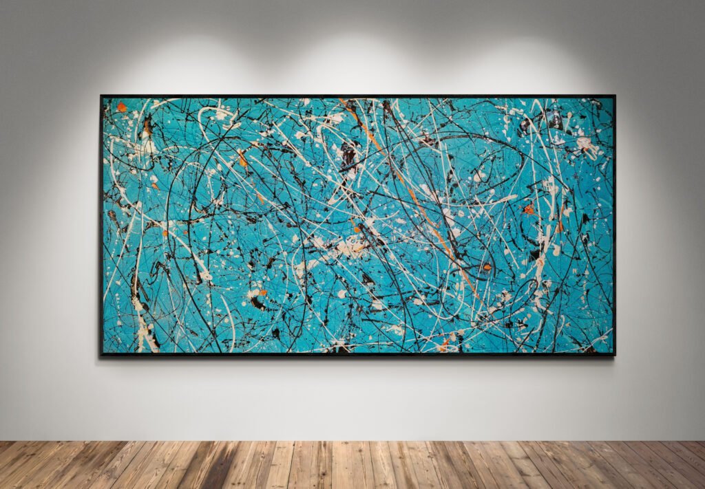 Number 26 - Jackson Pollock Style Turquoise abstract canvas with dynamic strokes in turquoise, black, and accents of white and orange, displayed on a neutral background