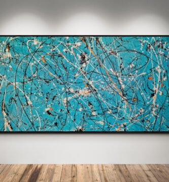 Jackson Pollock Style Turquoise abstract canvas with dynamic strokes in turquoise, black, and accents of white and orange, displayed on a neutral background