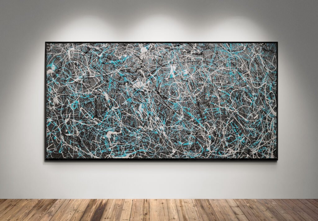 Number 27 – Jackson Pollock Style Black and Turquoise Canvas with intricate abstract strokes and splashes on a textured background