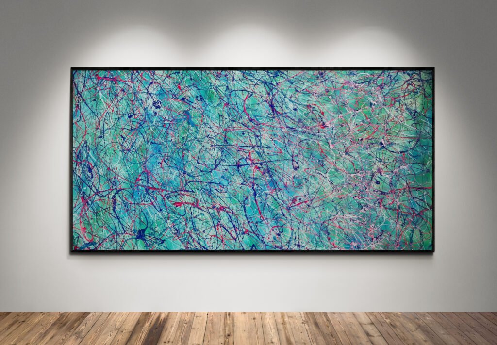 Jackson Pollock-style abstract artwork with tropical hues displayed in a modern gallery setting under soft spotlights