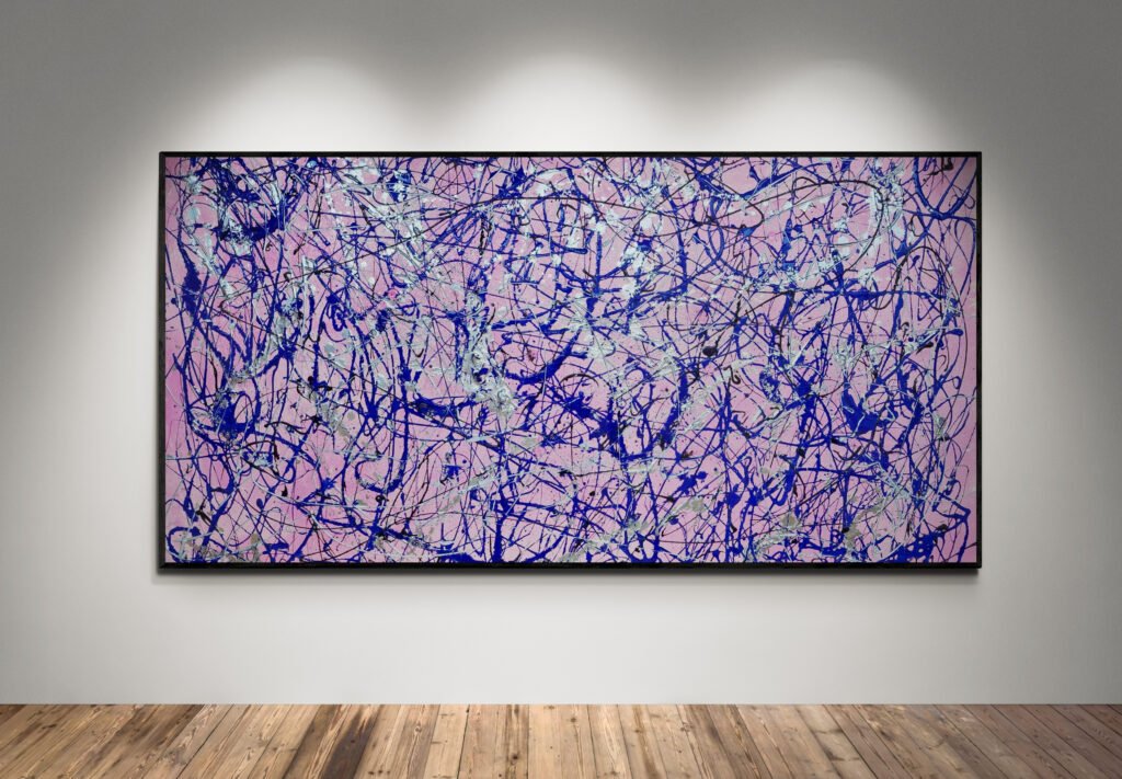 Number 29 – Jackson Pollock Style Pink Abstract Canvas displayed in a modern art gallery setting with vibrant lighting highlighting its intricate details