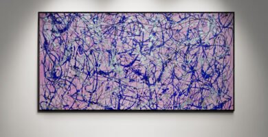 Jackson Pollock Style Pink Abstract Canvas displayed in a modern art gallery setting with vibrant lighting highlighting its intricate details