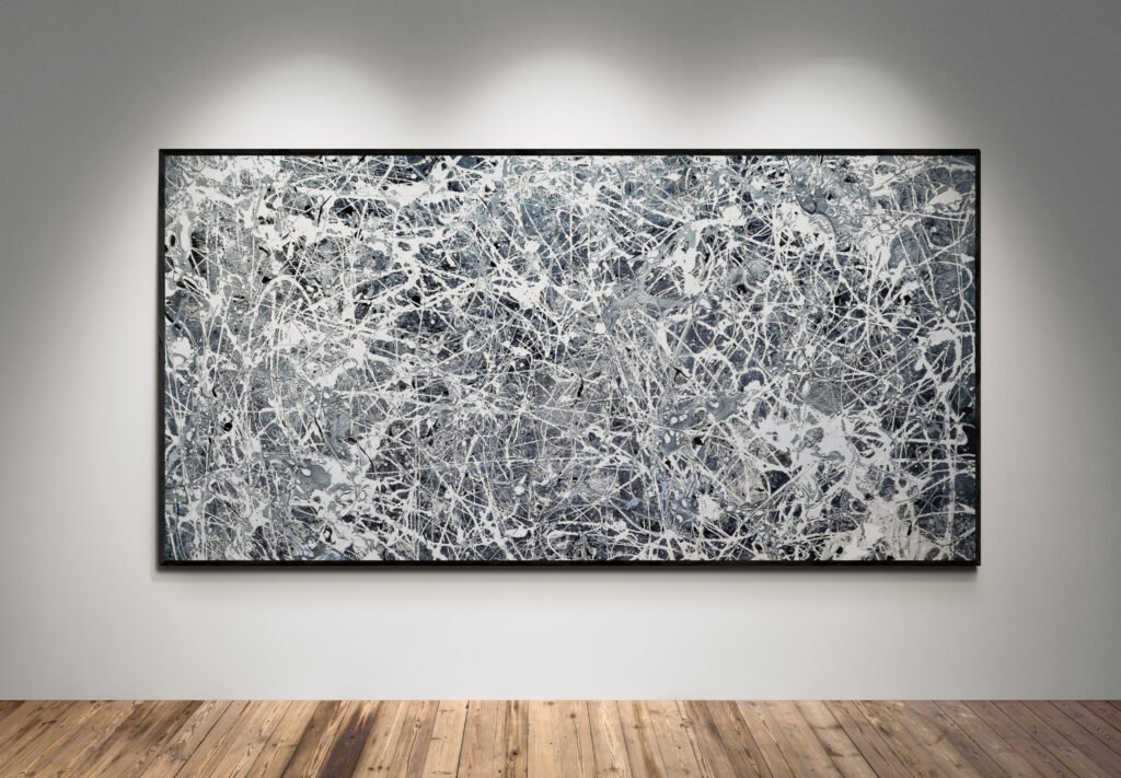 Number 30 - Jackson Pollock Style Monochrome Abstract Painting displayed in a contemporary gallery under spotlights, showcasing dynamic white and gray tones