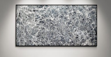 Number 30 - Jackson Pollock Style Monochrome Abstract Painting displayed in a contemporary gallery under spotlights, showcasing dynamic white and gray tones